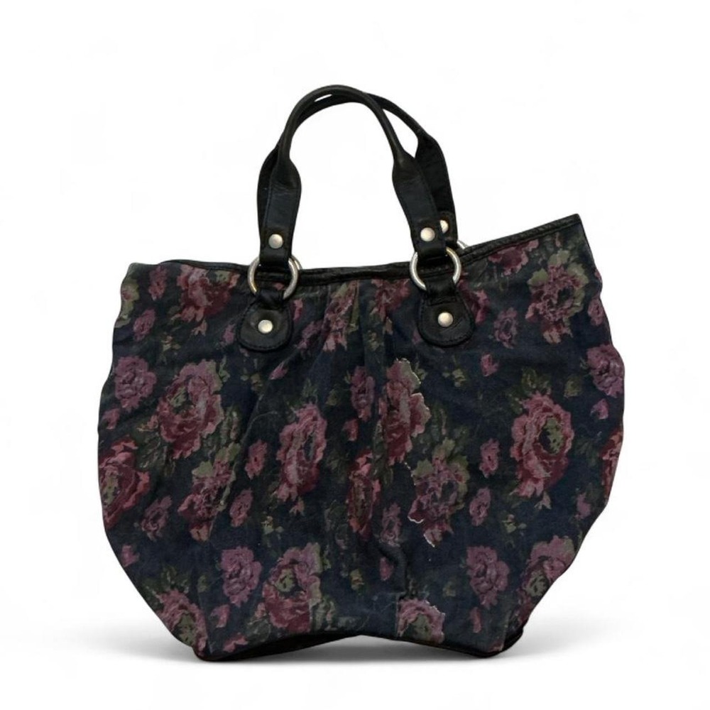 Vintage Lucky Brand Floral Canvas Tote Bag Womens Large Black and Purple Boho